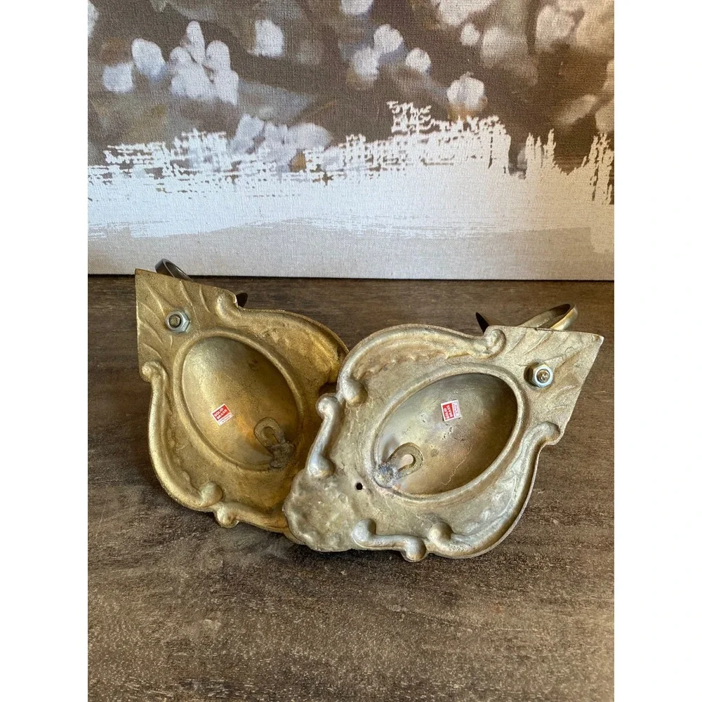 Vintage Ornate Solid Brass Wall Sconces Pair Rococo Shell Scroll Candle Holders